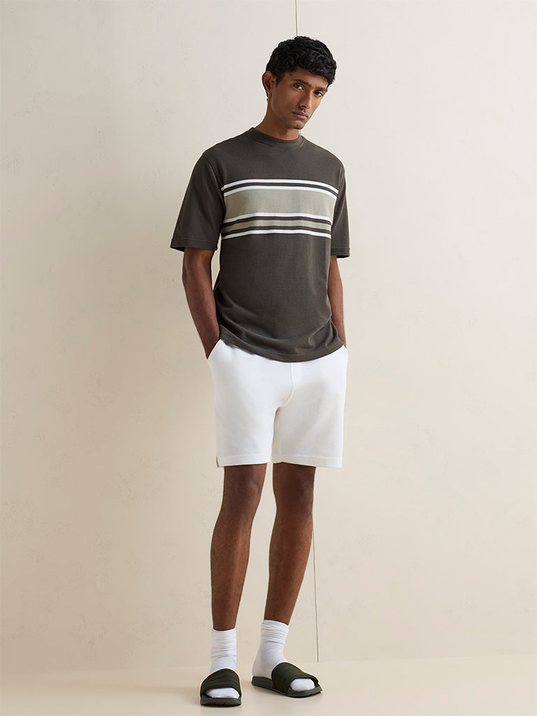WES Lounge Dark Olive Striped Relaxed-Fit Cotton-Blend T-Shirt