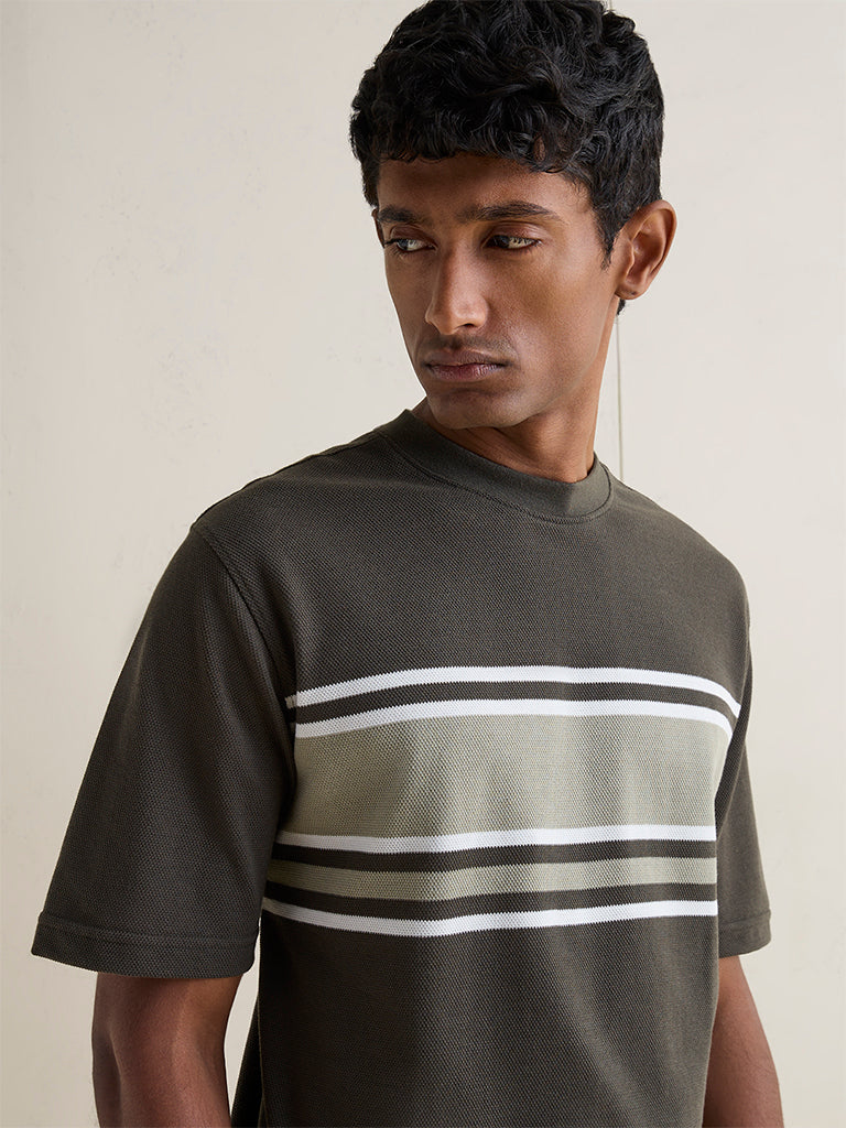 WES Lounge Dark Olive Striped Relaxed-Fit Cotton-Blend T-Shirt