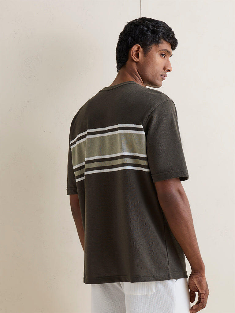 WES Lounge Dark Olive Striped Relaxed-Fit Cotton-Blend T-Shirt