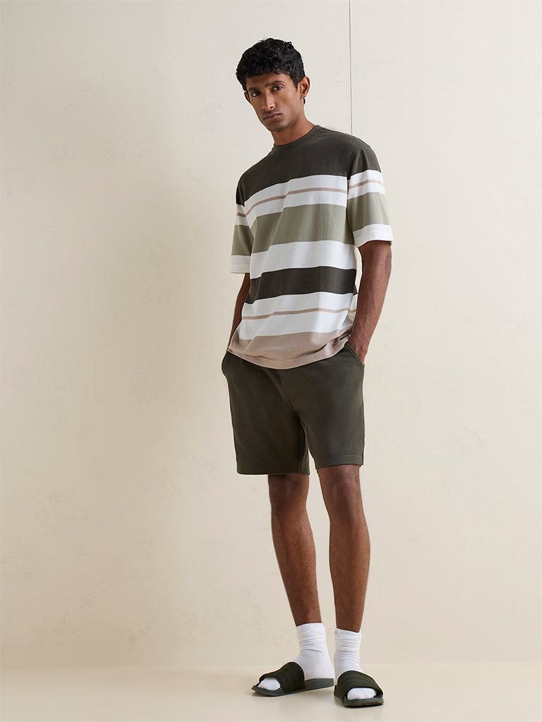 WES Lounge Olive Striped Relaxed-Fit Cotton-Blend T-Shirt