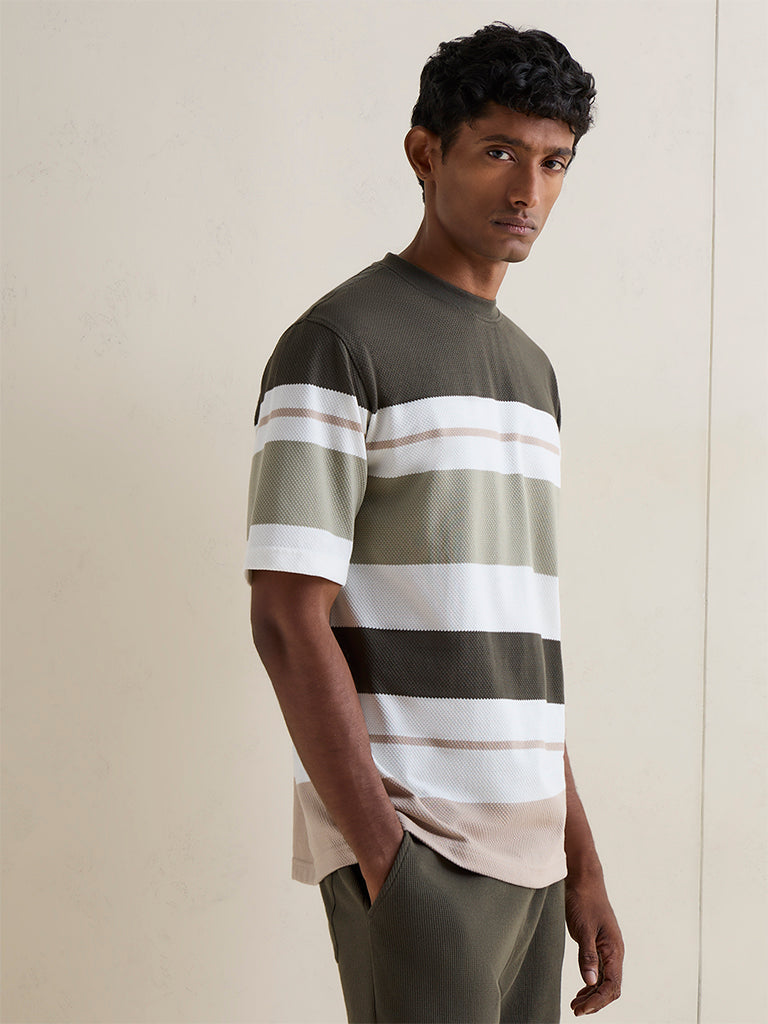 WES Lounge Olive Striped Relaxed-Fit Cotton-Blend T-Shirt