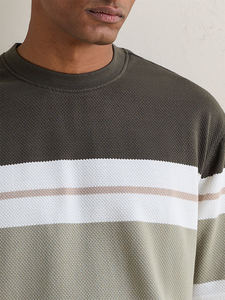 WES Lounge Olive Striped Relaxed-Fit Cotton-Blend T-Shirt