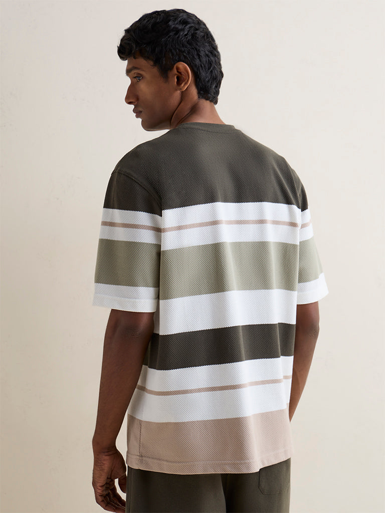 WES Lounge Olive Striped Relaxed-Fit Cotton-Blend T-Shirt