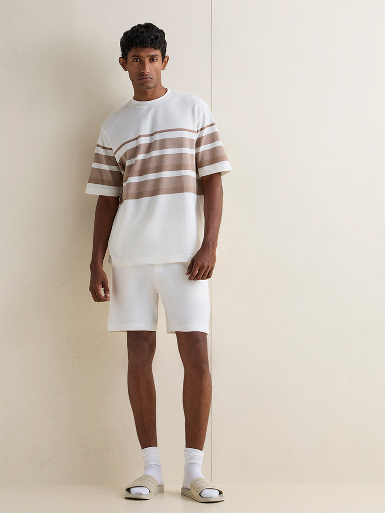 WES Lounge Off-White Striped Relaxed Fit Cotton-Blend T-Shirt