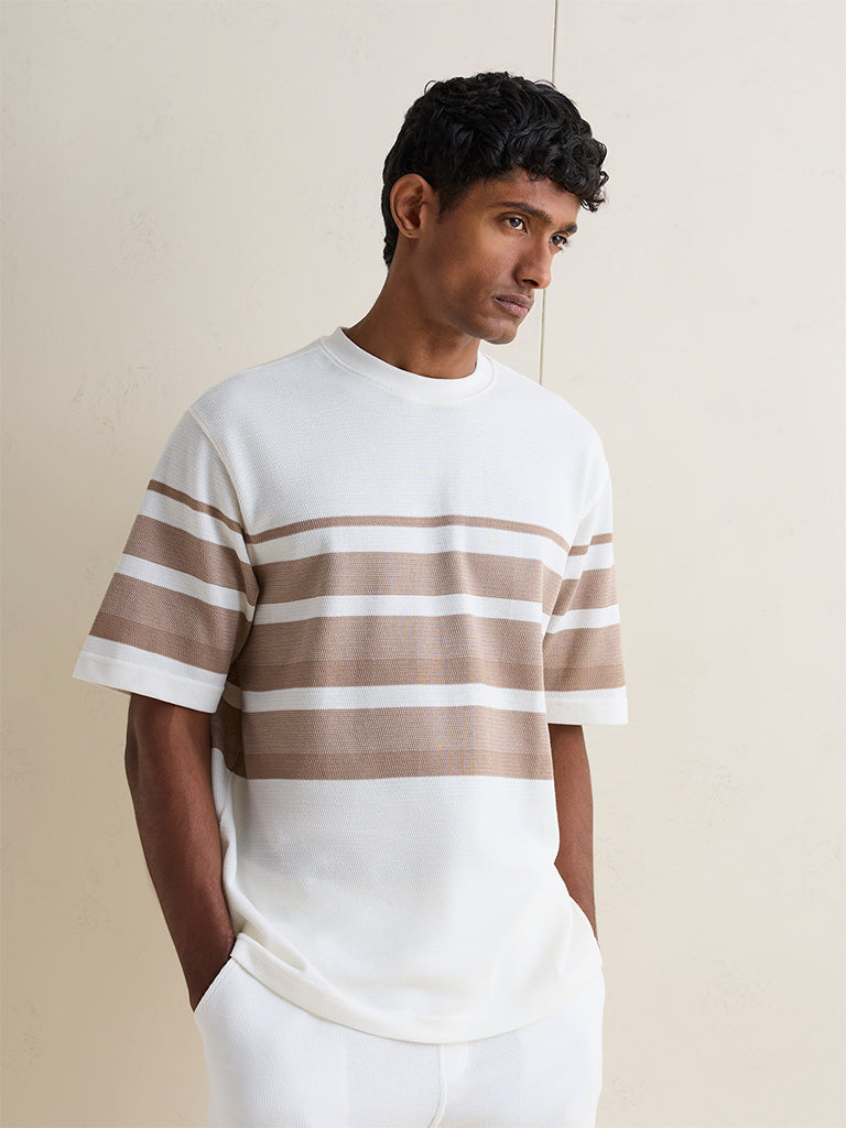 WES Lounge Off-White Striped Relaxed Fit Cotton-Blend T-Shirt