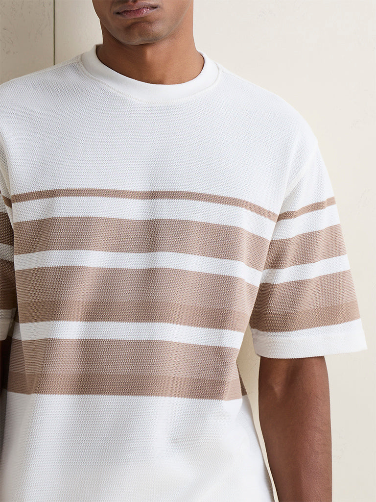 WES Lounge Off-White Striped Relaxed Fit Cotton-Blend T-Shirt