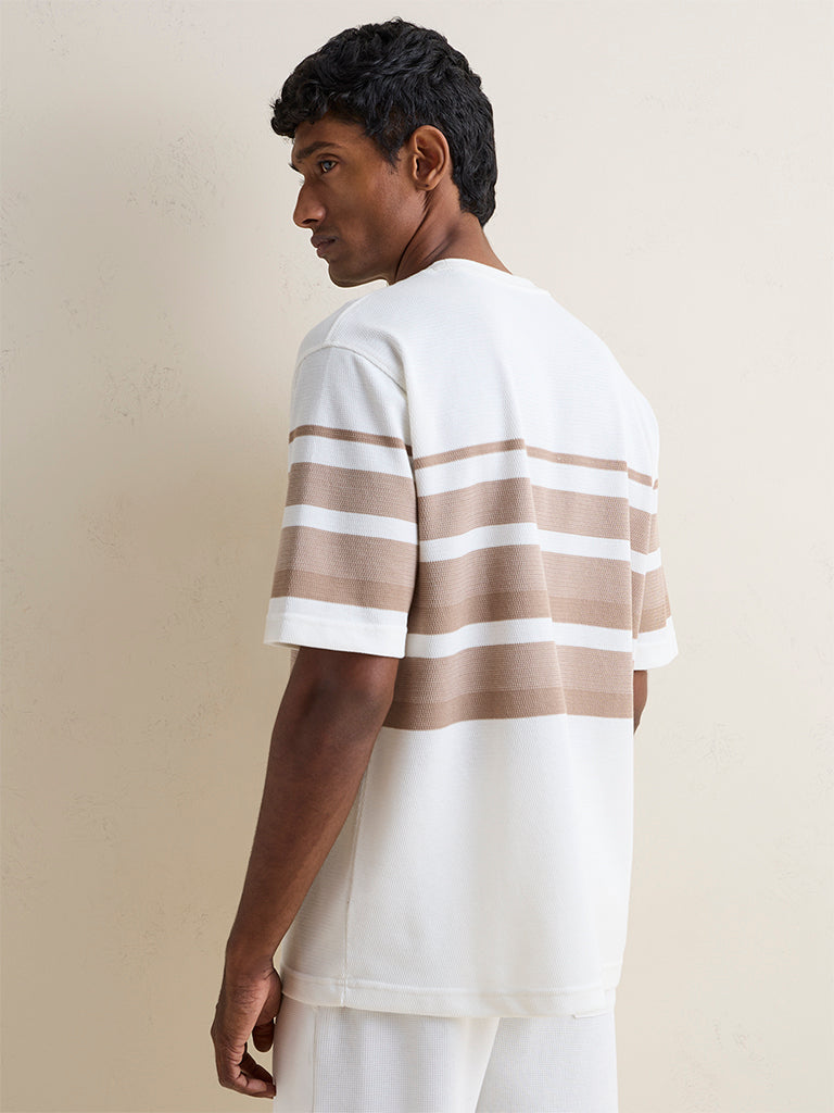 WES Lounge Off-White Striped Relaxed Fit Cotton-Blend T-Shirt