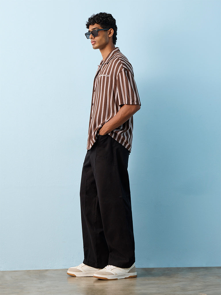 Nuon Black Barrel-Fit Mid-Rise Cotton Pants