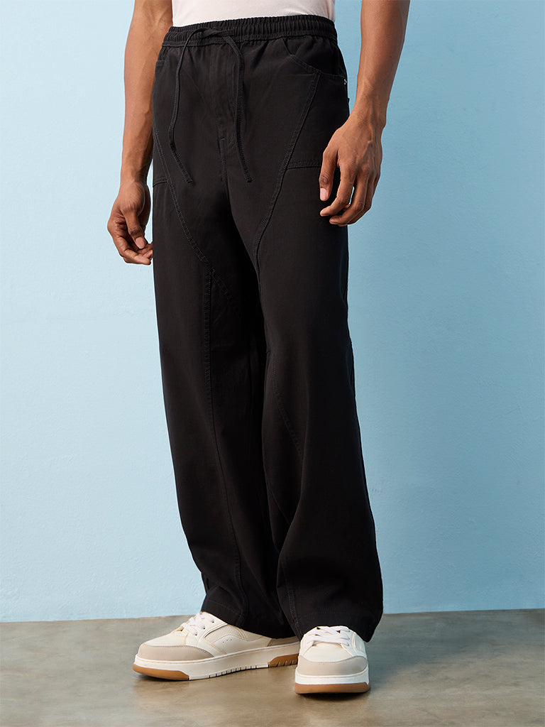 Nuon Black Barrel-Fit Mid-Rise Cotton Pants