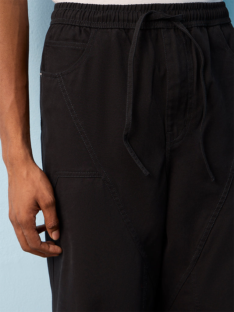 Nuon Black Barrel-Fit Mid-Rise Cotton Pants