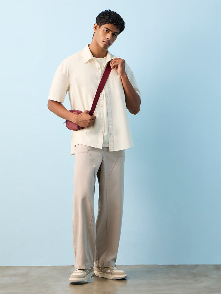 Nuon Light Grey Barrel-Fit Mid-Rise Cotton Pants