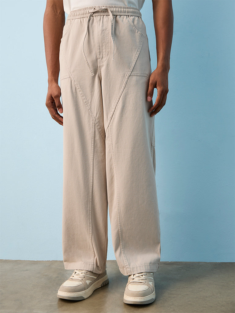 Nuon Light Grey Barrel-Fit Mid-Rise Cotton Pants