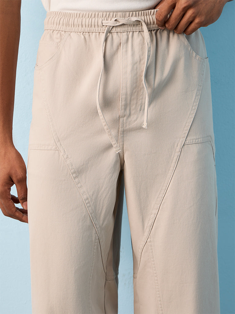 Nuon Light Grey Barrel-Fit Mid-Rise Cotton Pants