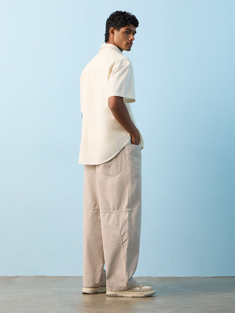 Nuon Light Grey Barrel-Fit Mid-Rise Cotton Pants