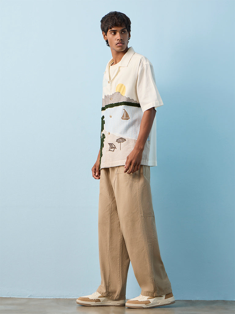 Nuon Light Taupe Barrel-Fit Mid-Rise Cotton Pants