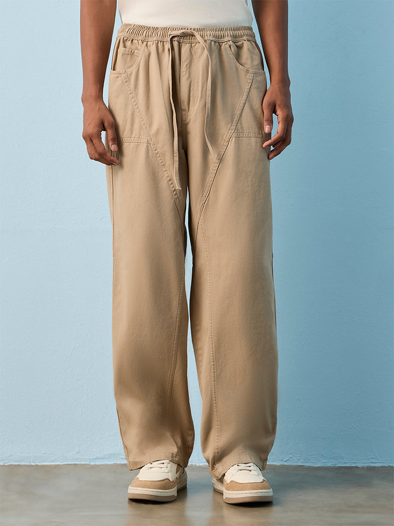 Nuon Light Taupe Barrel-Fit Mid-Rise Cotton Pants
