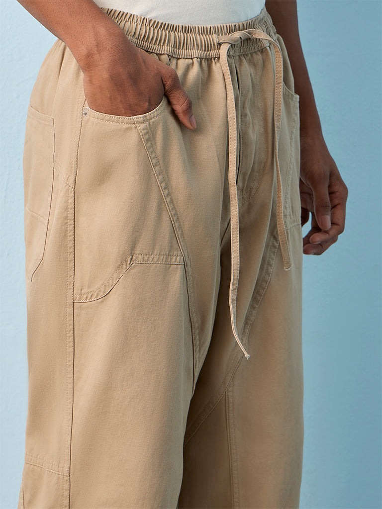 Nuon Light Taupe Barrel-Fit Mid-Rise Cotton Pants
