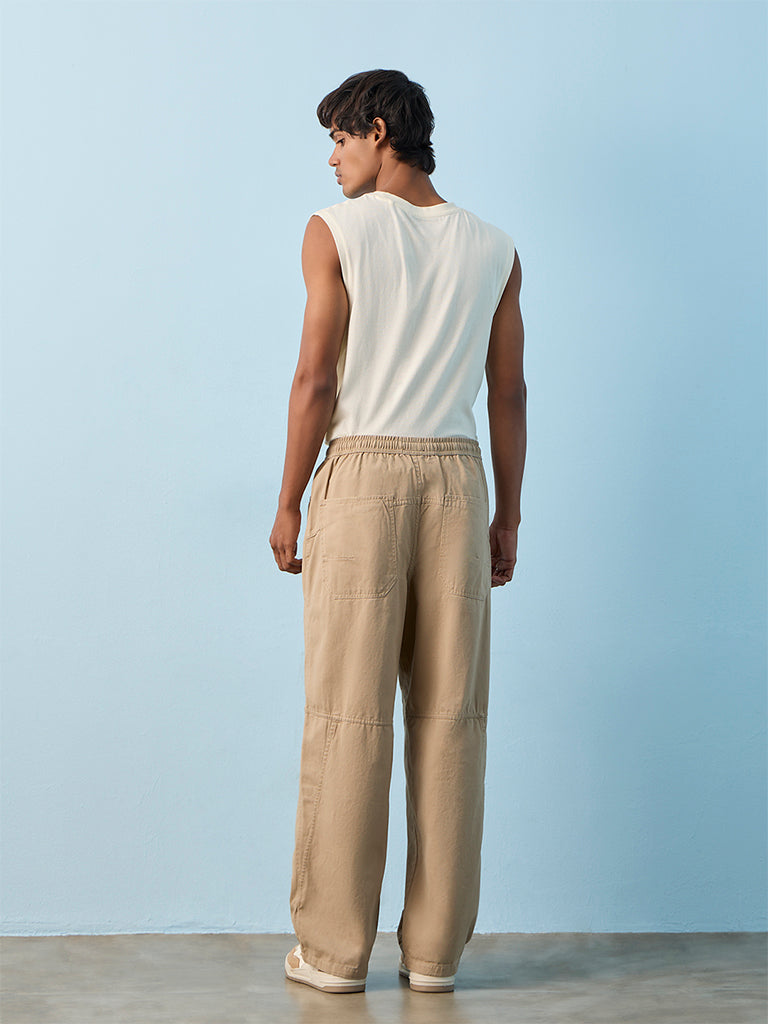 Nuon Light Taupe Barrel-Fit Mid-Rise Cotton Pants