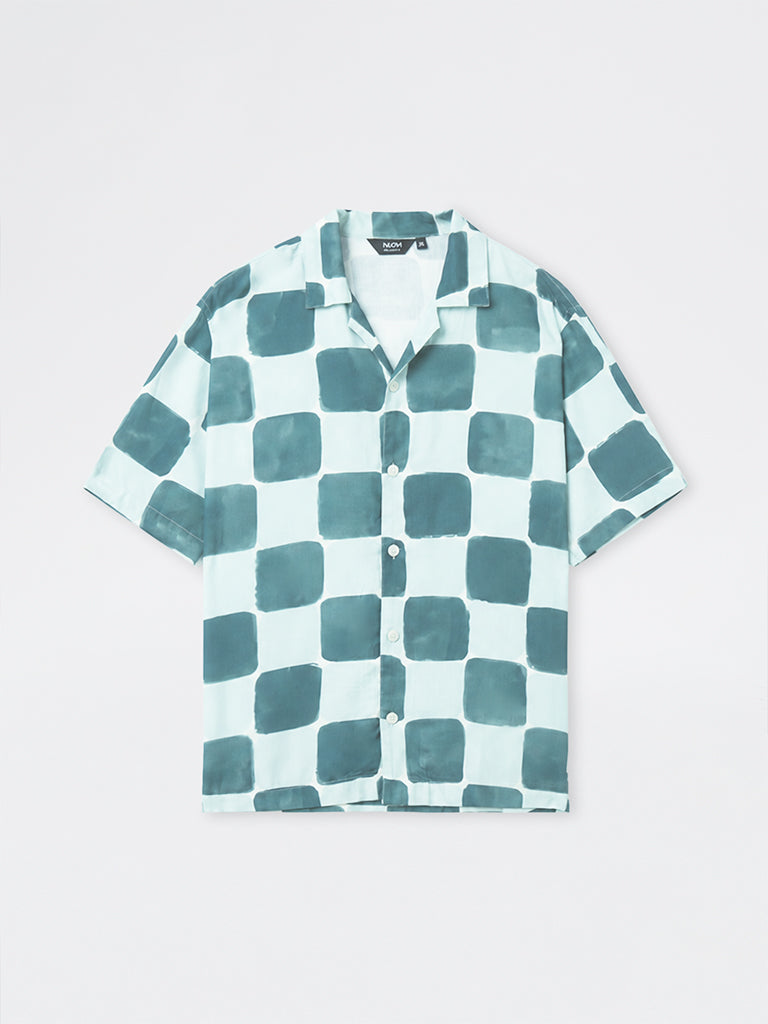 Nuon Teal Checkered Relaxed-Fit Shirt