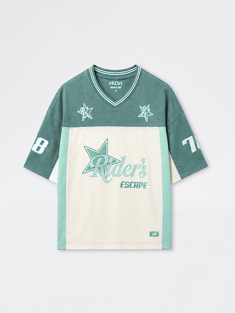 Nuon Green Color-Blocked Oversized Cotton T-Shirt