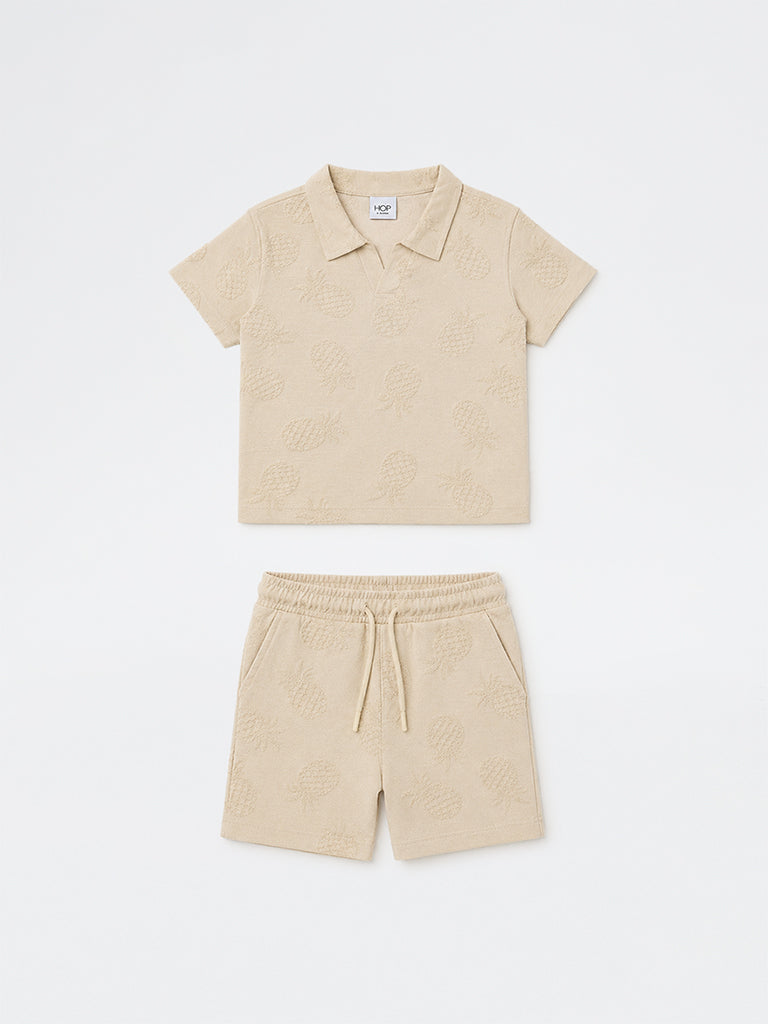 HOP Kids Boys Light Taupe Pineapple Design Cotton-Blend T-Shirt and Shorts Set