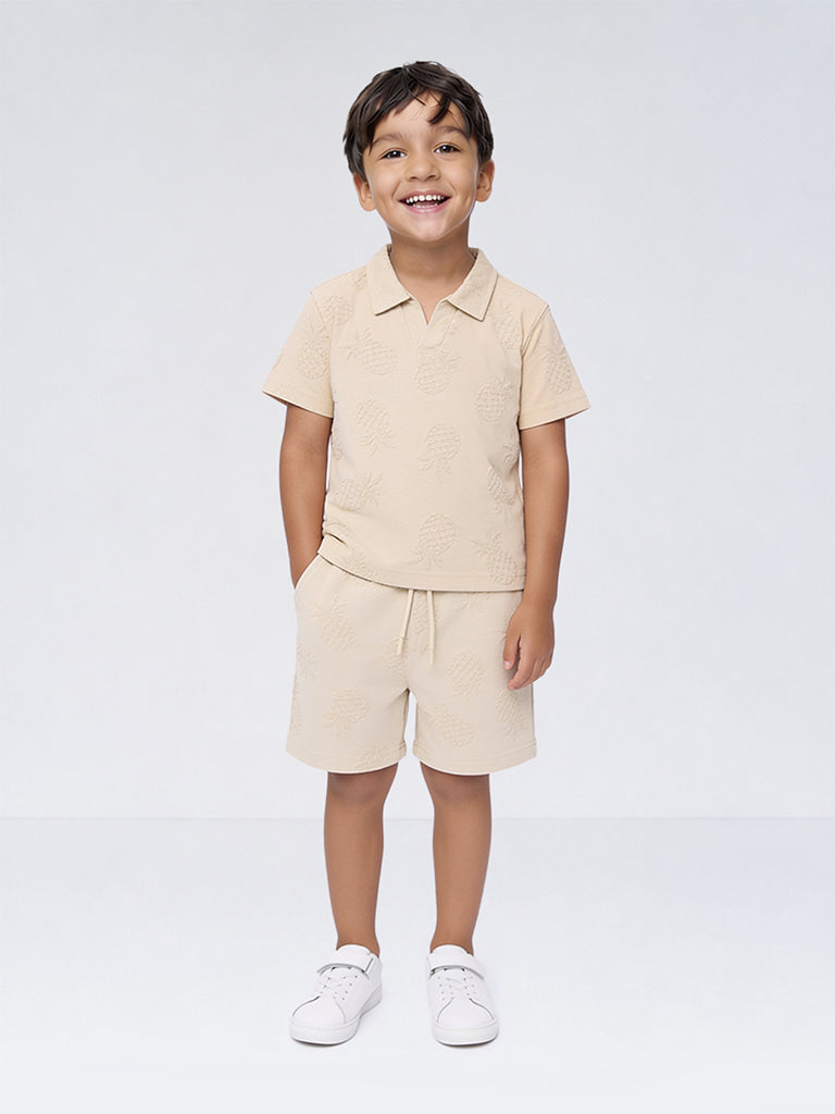HOP Kids Boys Light Taupe Pineapple Design Cotton-Blend T-Shirt and Shorts Set