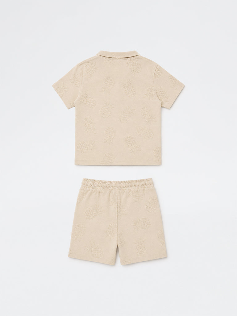 HOP Kids Boys Light Taupe Pineapple Design Cotton-Blend T-Shirt and Shorts Set