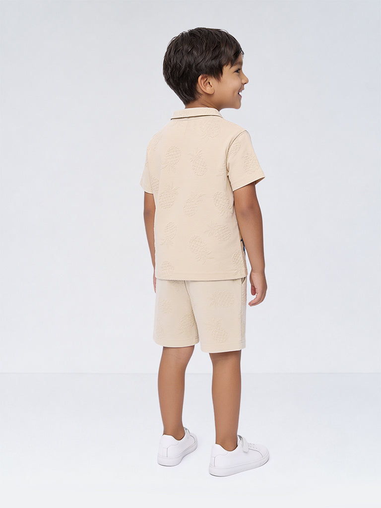 HOP Kids Boys Light Taupe Pineapple Design Cotton-Blend T-Shirt and Shorts Set