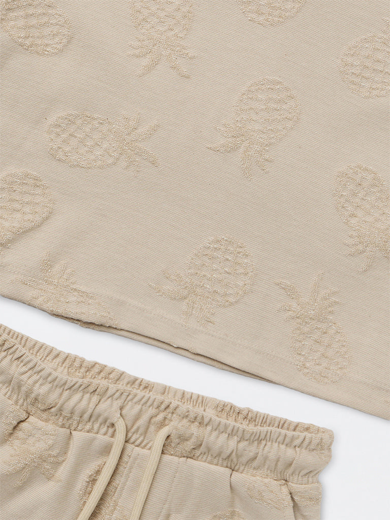 HOP Kids Boys Light Taupe Pineapple Design Cotton-Blend T-Shirt and Shorts Set