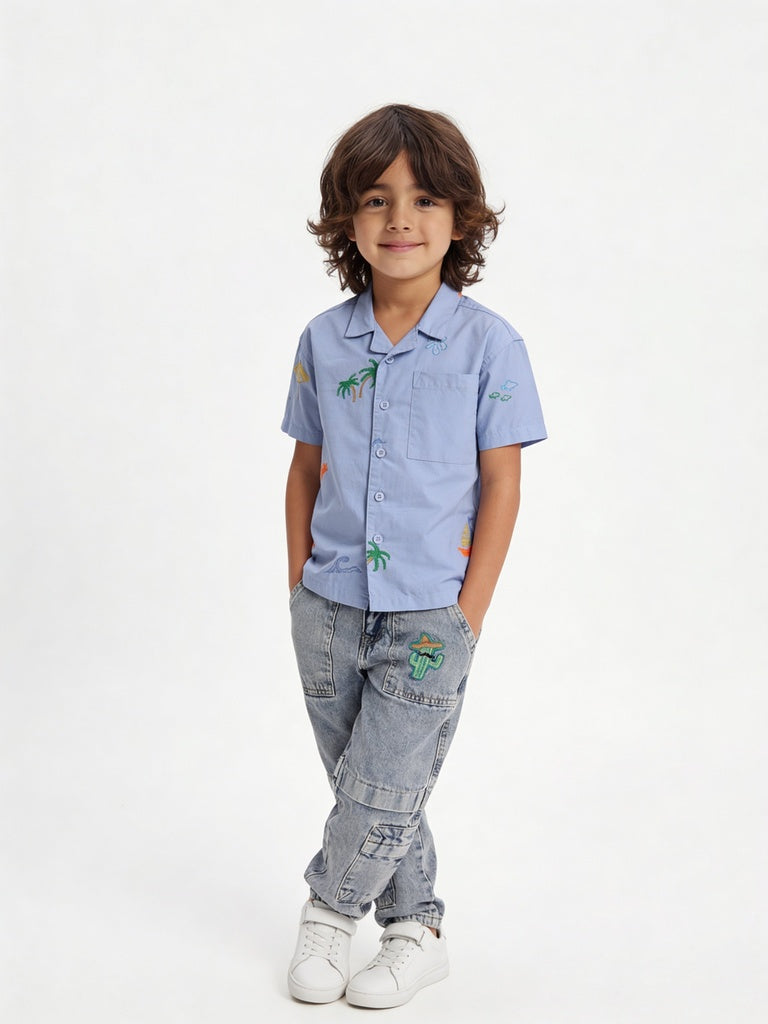 HOP Kids Boys Blue Straight Fit Cargo Jeans
