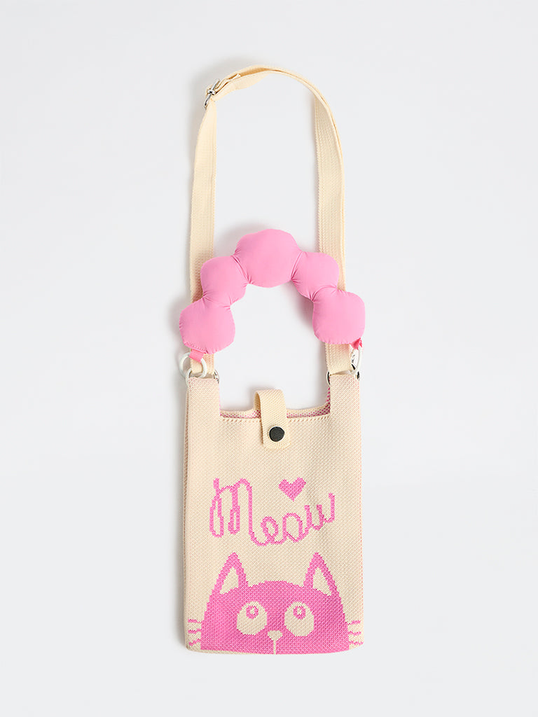 HOP Kids Girls Pink Knit-Textured Printed Sling Bag