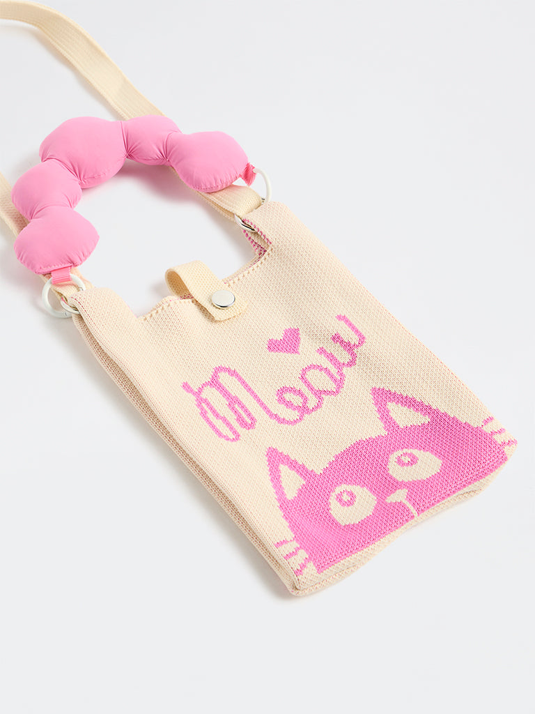 HOP Kids Girls Pink Knit-Textured Printed Sling Bag