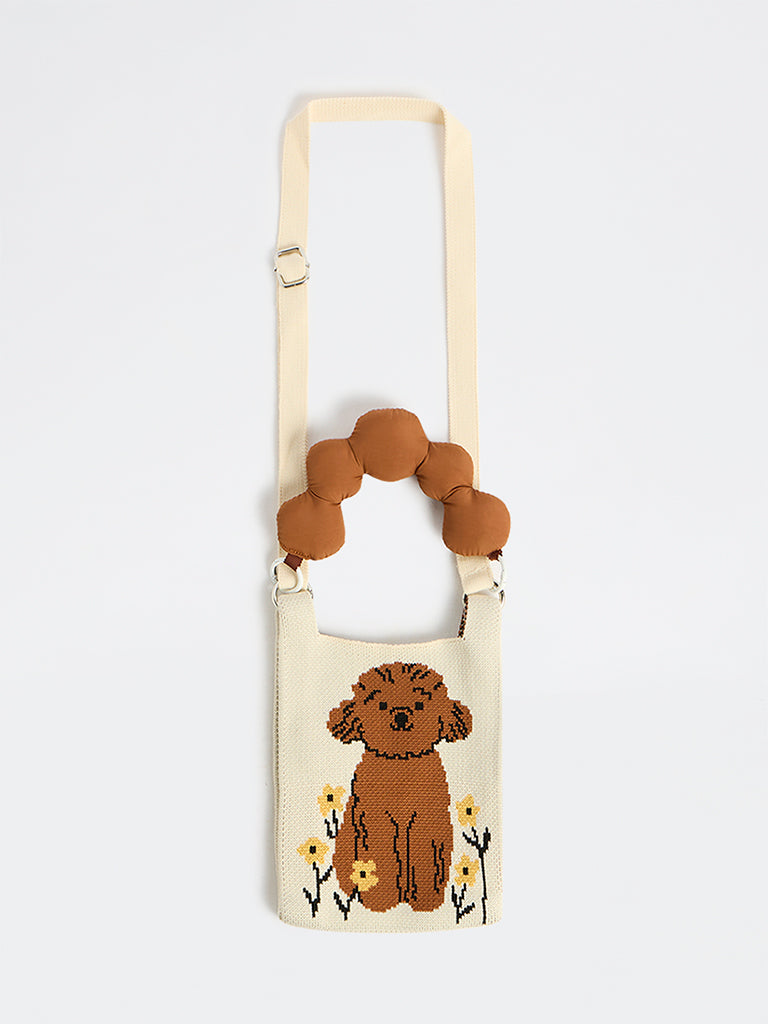 HOP Kids Girls Brown Knit-Textured Printed Sling Bag