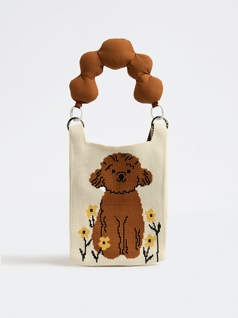 HOP Kids Girls Brown Knit-Textured Printed Sling Bag