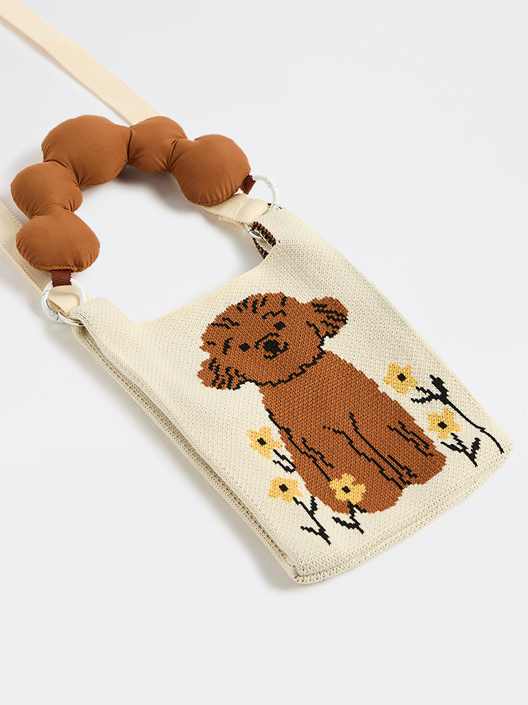 HOP Kids Girls Brown Knit-Textured Printed Sling Bag