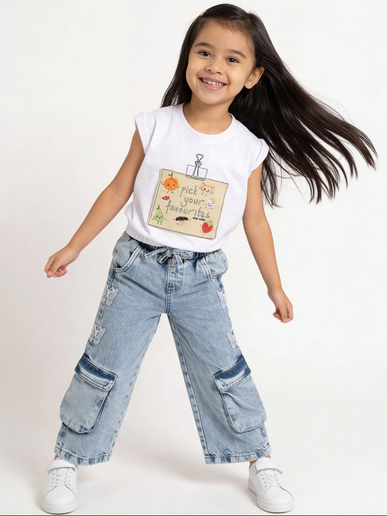 Hop Kids Girls Blue Butterfly Applique Straight Fit Denim Jeans