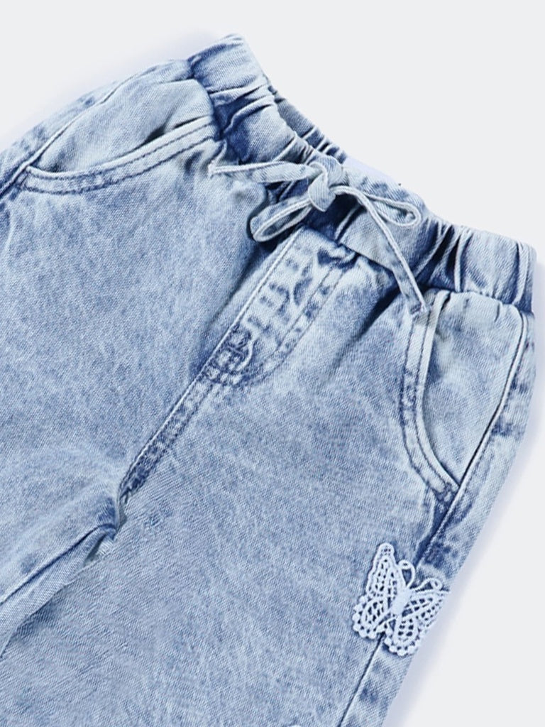 Hop Kids Girls Blue Butterfly Applique Straight Fit Denim Jeans