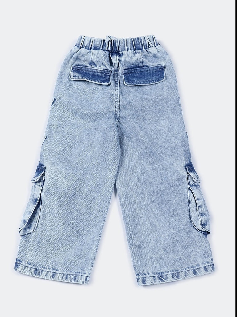 Hop Kids Girls Blue Butterfly Applique Straight Fit Denim Jeans