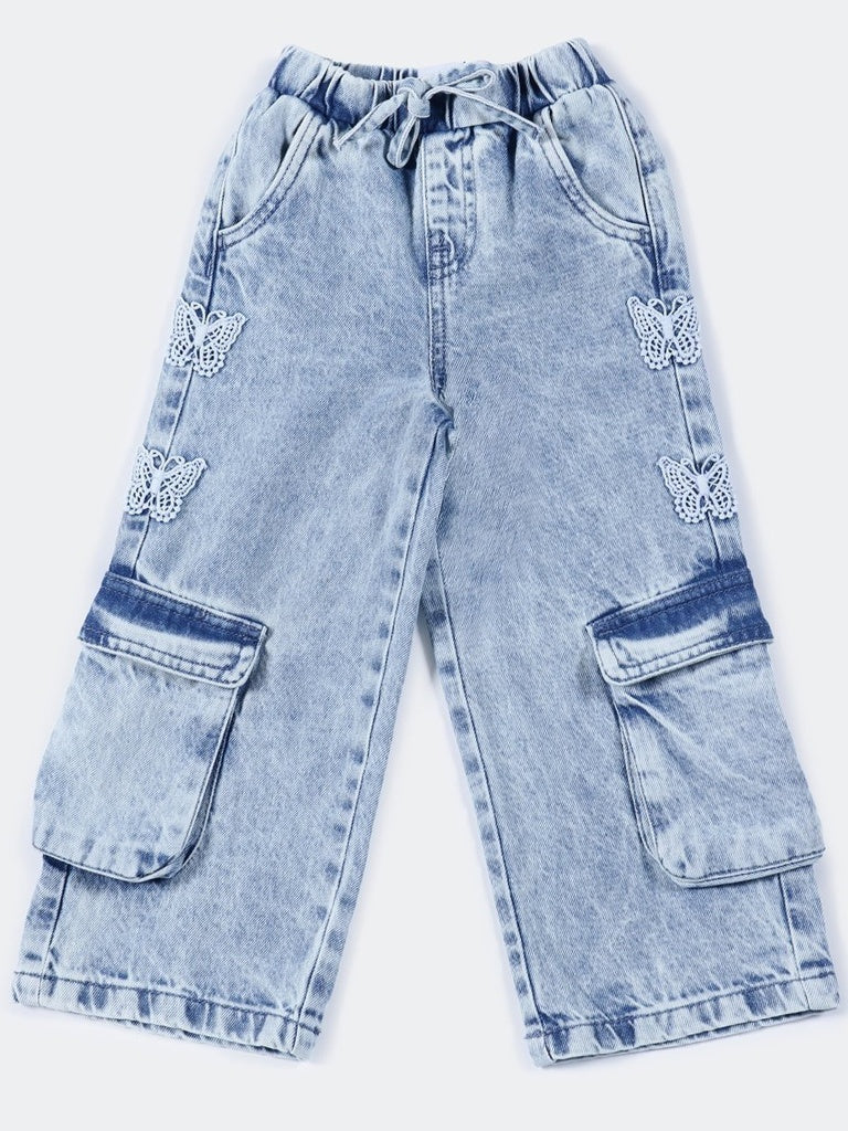 Hop Kids Girls Blue Butterfly Applique Straight Fit Denim Jeans