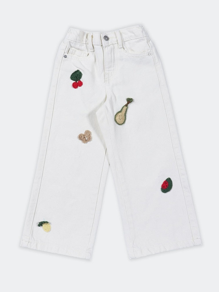 HOP Kids Girls Off-White Fruit Embroidered Wide Leg Jeans