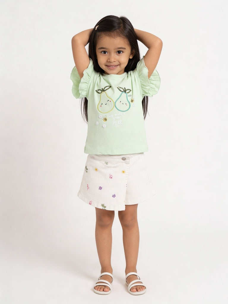 HOP Kids Girls Off-White Embroidered Denim Skort