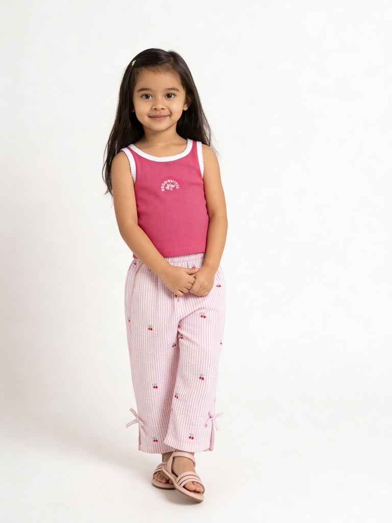 HOP Kids Girls Pink Striped Wide Leg Cotton Pyjama