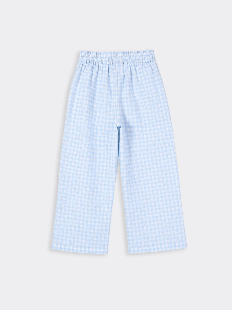 HOP Kids Girls Blue Gingham Lace Trim Wide Leg Pyjama