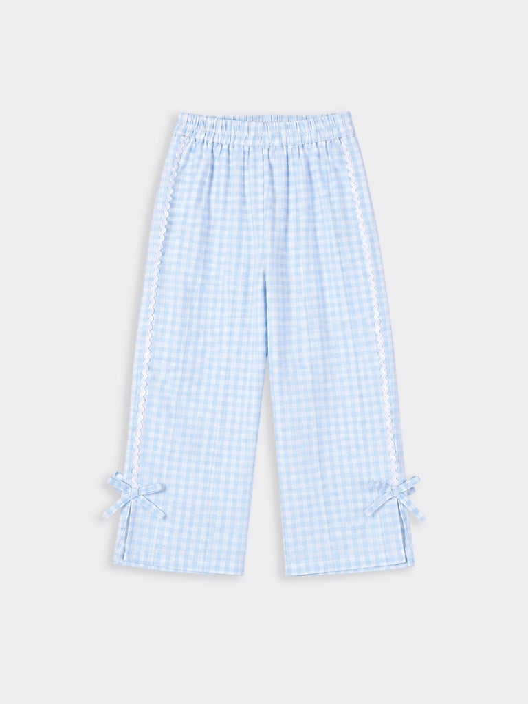 HOP Kids Girls Blue Gingham Lace Trim Wide Leg Pyjama