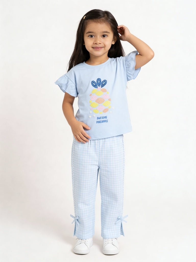 HOP Kids Girls Blue Gingham Lace Trim Wide Leg Pyjama