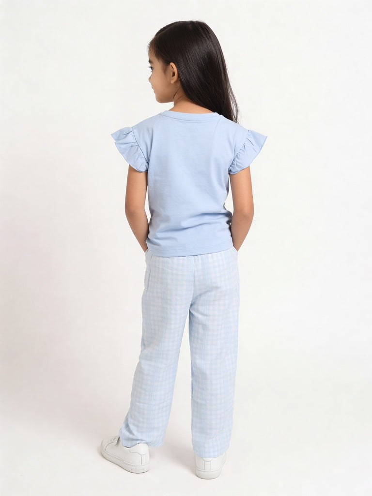 HOP Kids Girls Blue Gingham Lace Trim Wide Leg Pyjama