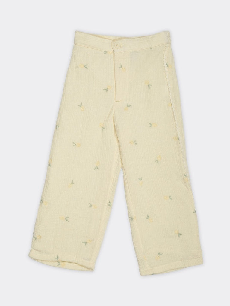 HOP Kids Girls Light Yellow Embroidered Mid-Rise Cotton Pants