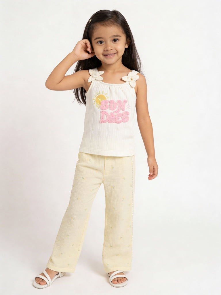 HOP Kids Girls Light Yellow Embroidered Mid-Rise Cotton Pants
