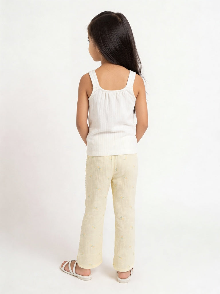 HOP Kids Girls Light Yellow Embroidered Mid-Rise Cotton Pants