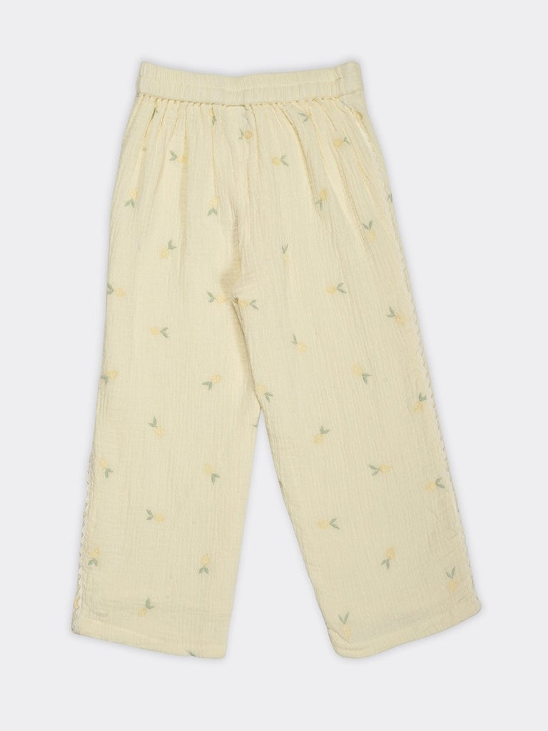HOP Kids Girls Light Yellow Embroidered Mid-Rise Cotton Pants